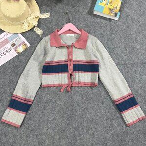 Gray Pink Navy Striped Collar Knit Cardigan Sweater
